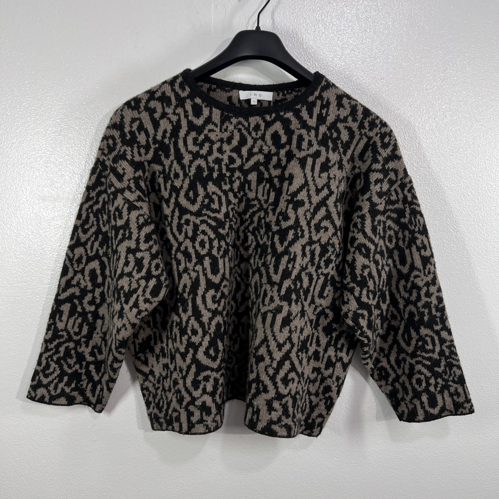 IRO Paris Bella Alpaca Wool Sweater Beige Black Animal Jacquard Knit Boxy Small